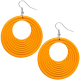 Orange Wooden Circular Roll Texture Dangle Earrings