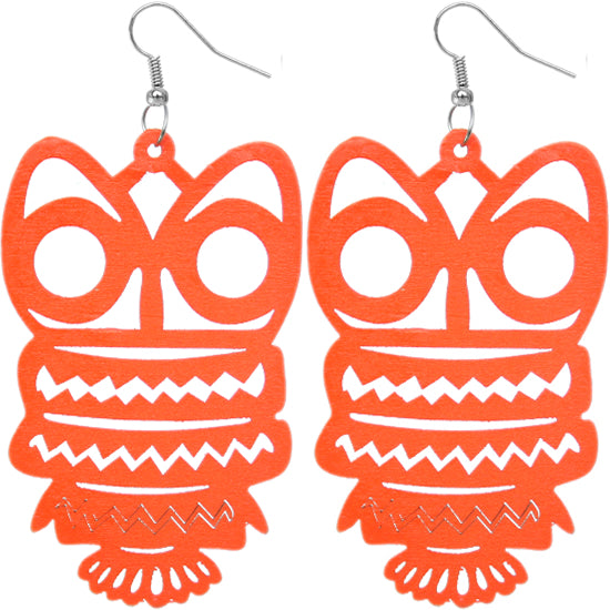 Orange Wooden Hoot Owl Earrings