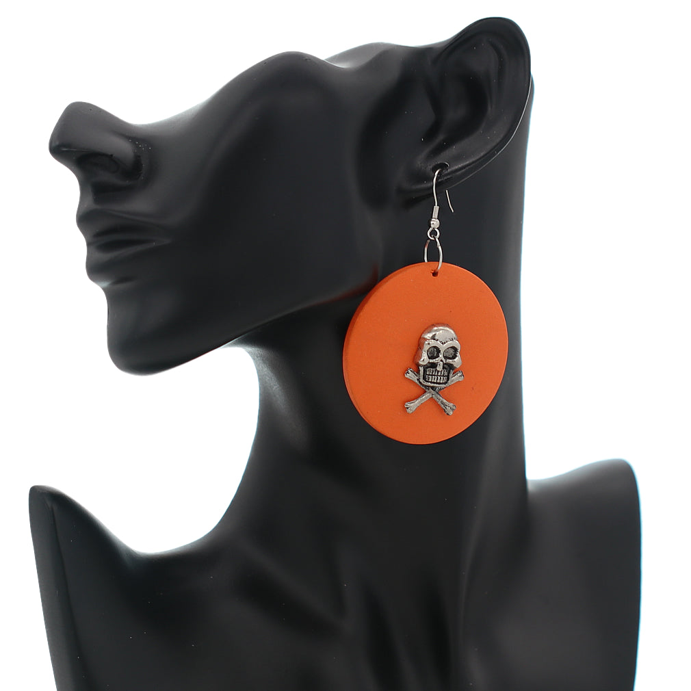 Orange Skull Wooden Dangle Earrings