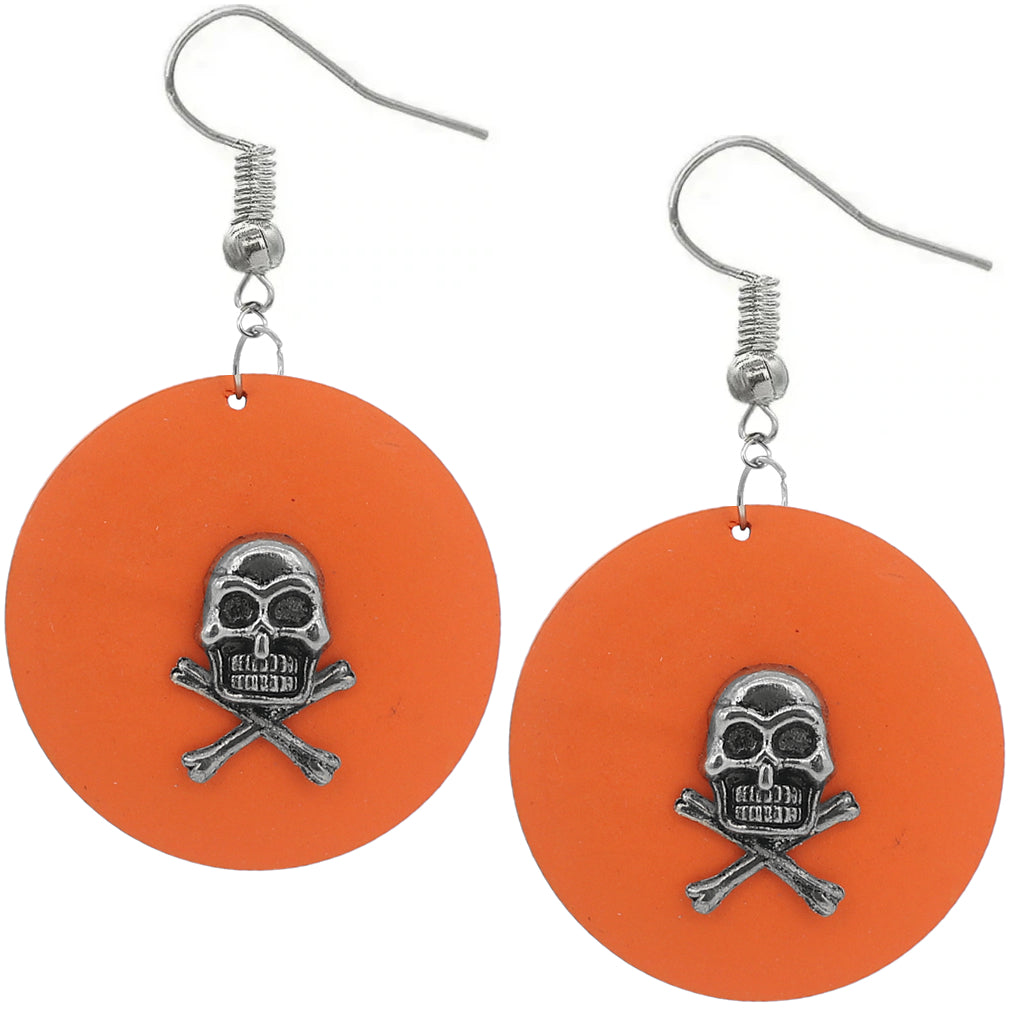 Orange Skull Wooden Dangle Earrings