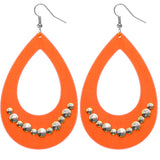 Orange Wooden Large Teardrop Studded Earrings