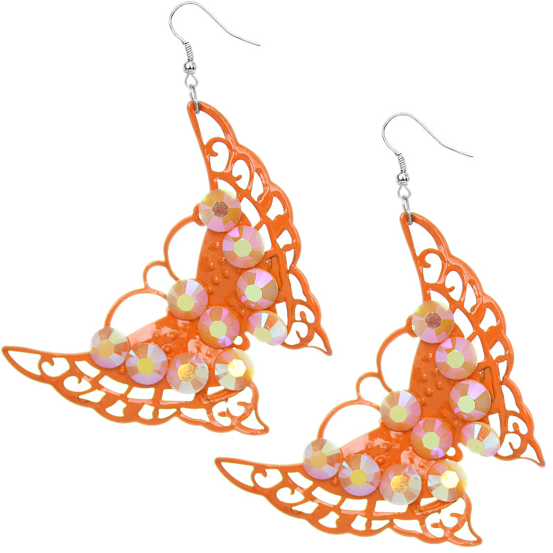 Orange Beaded Iridescent Butterfly Earrings