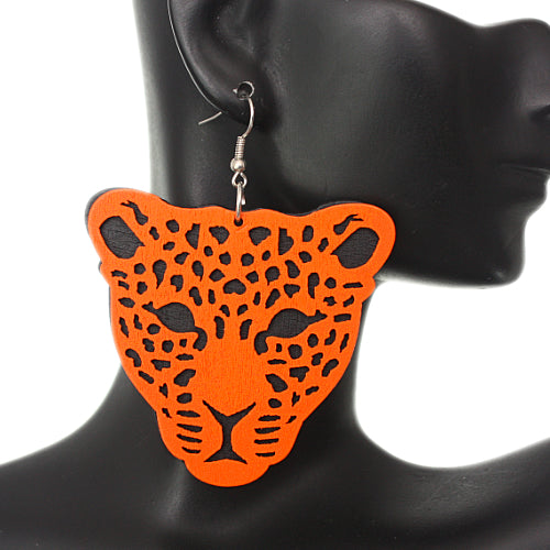 Orange Wooden Cheetah Face Dangle Earrings