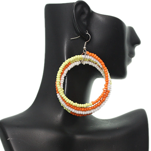 Orange Yellow Beaded Wrap Around Coil Hoop Earrings