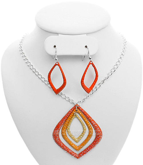 Orange Layered Glitter Teadrop Charm Necklace Set