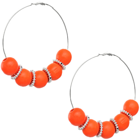 Orange Large Spacer Wooden Hoop Earrings
