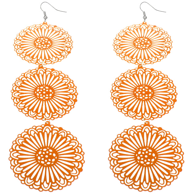 Orange Long Triple Sunburst Dangle Earrings