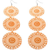 Orange Long Triple Sunburst Dangle Earrings