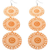 Orange Long Triple Sunburst Dangle Earrings