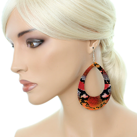 Red Orange Snakeskin Teardrop Earrings