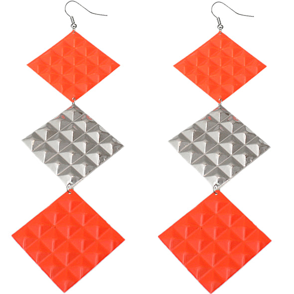 Orange Long Studded Cone Triple Dangle Earrings