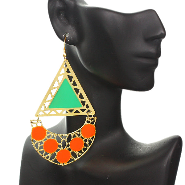 Orange Green Triangular Dangle Earrings