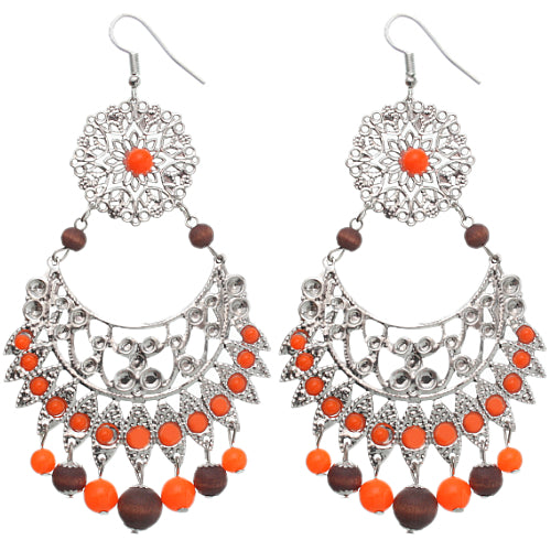 Orange Brown Wooden Beaded Filigree Earrings