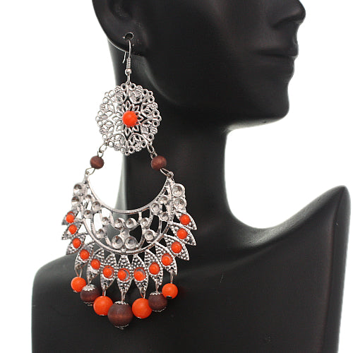Orange Brown Wooden Beaded Filigree Earrings