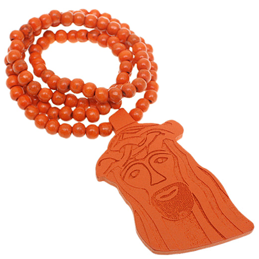 Orange Wooden Beaded Jesus Piece Necklace