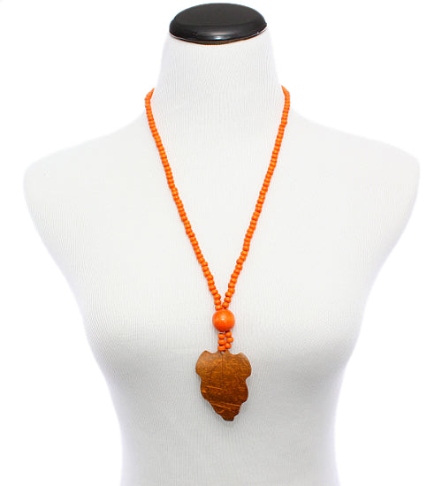 Orange Wooden Beaded Leaf Charm Necklace