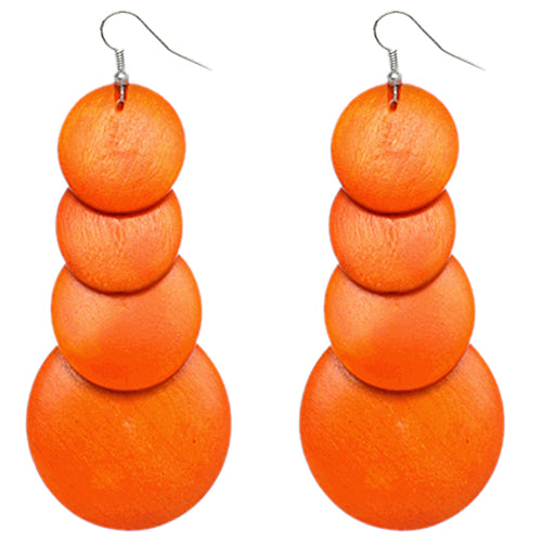Orange Wooden Round Disc Cascade Earrings