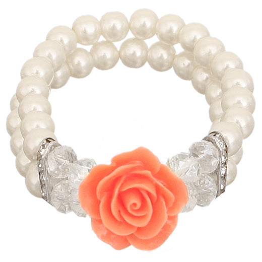 Orange Faux Pearl Flower Stretch Bracelet