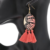 Coral Peach Butterfly Tassel Wooden Dangle Earrings