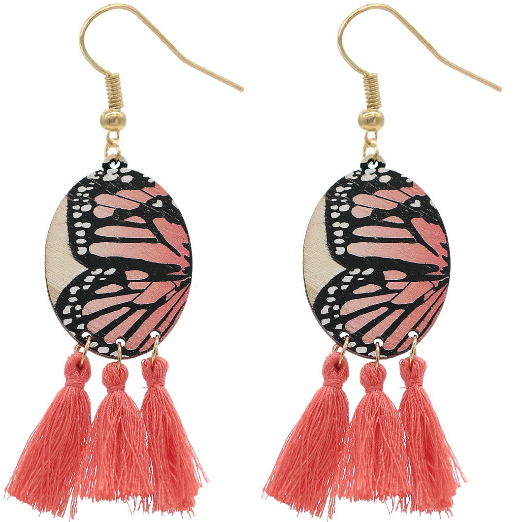 Coral Peach Butterfly Tassel Wooden Dangle Earrings
