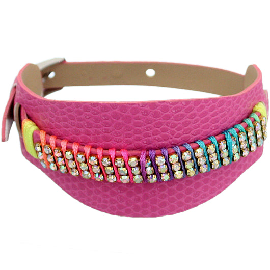 Pink Embossed Faux Leather Rhinestone Buckle Bracelet