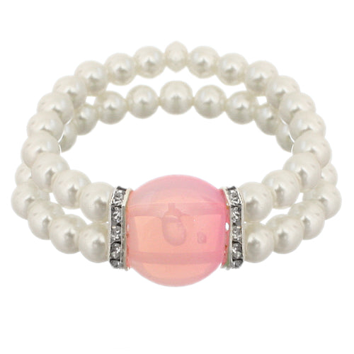 Light Pink Gemstone Faux Pearl Stretch Bracelet