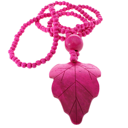 Pink Wooden Beaded Leaf Charm Necklace