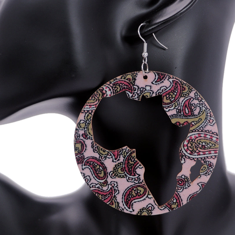 Pink Wooden Cutout Africa Shape Paisley Earrings