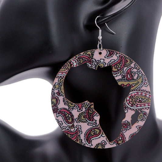 Pink Wooden Cutout Africa Shape Paisley Earrings
