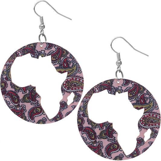 Pink Wooden Cutout Africa Shape Paisley Earrings