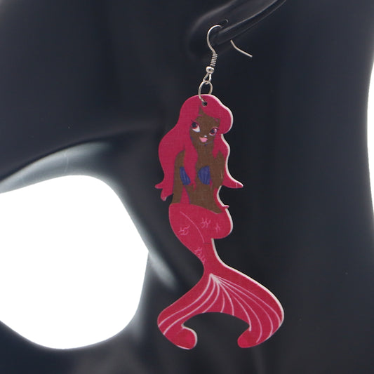 Pink African American Mermaid Wooden Earrings