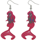 Pink African American Mermaid Wooden Earrings