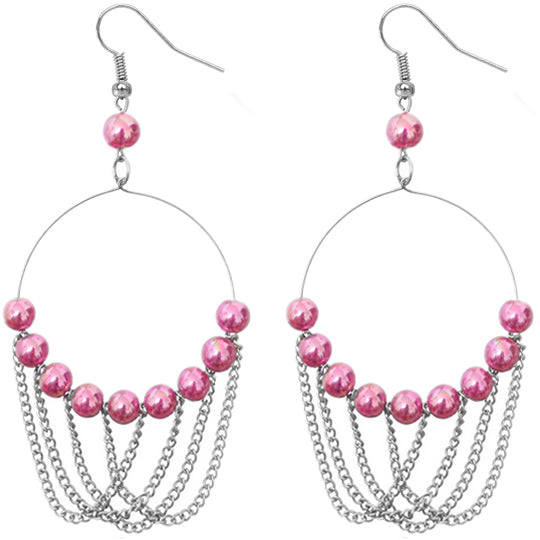 Pink Beaded Intertwined Chain Hoop Earrings