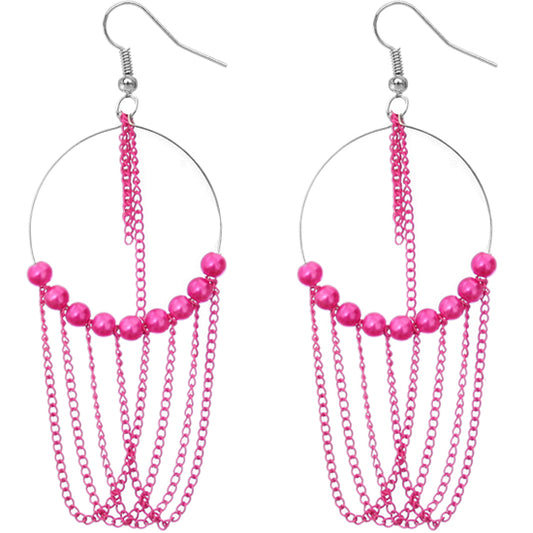 Pink Beaded Chain Hoops Earrings