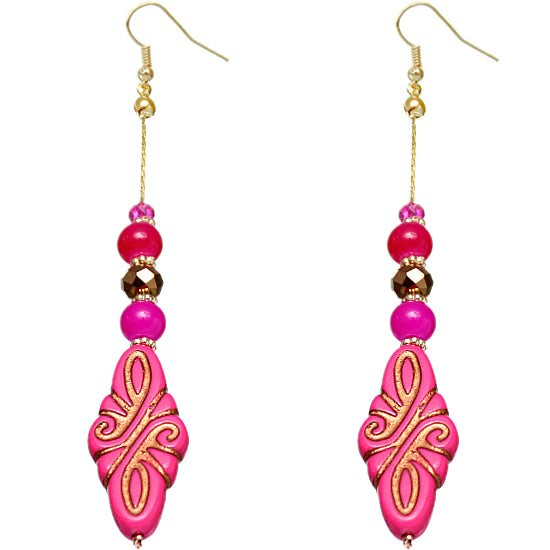 Pink Ethnic Carved Pattern Bead Drop Earrings