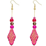 Pink Ethnic Carved Pattern Bead Drop Earrings