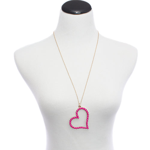 Pink Beaded Heart Charm Chain Necklace