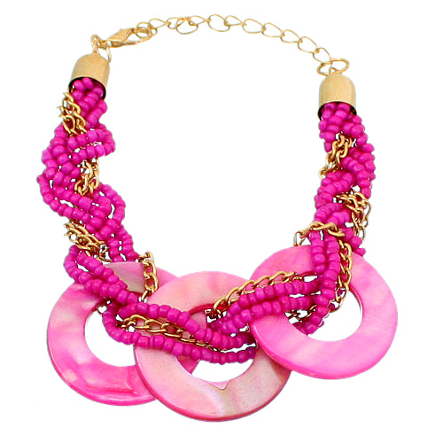 Pink Beaded Circular Shell Chain Link Bracelet