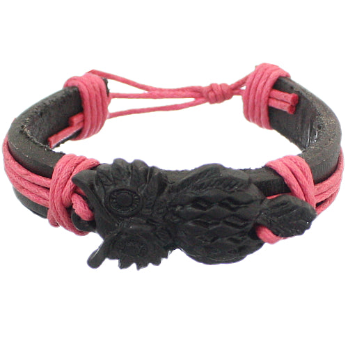Pink Black Faux Leather Hoot Owl String Bracelet