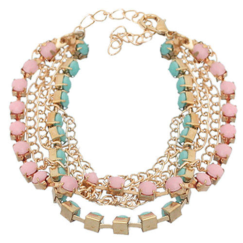 Pink Blue Beaded Chain Link Bracelet
