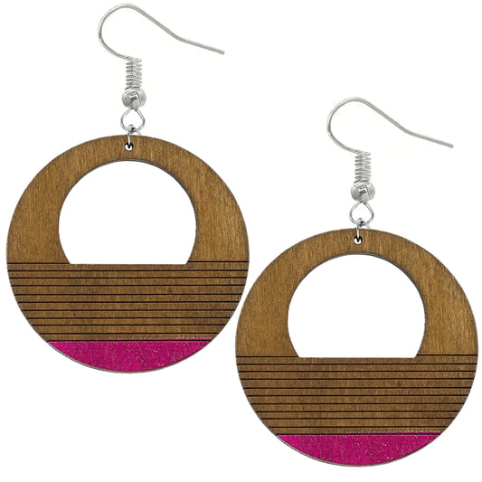 Brown Wooden Pink Painted Circular Earrings