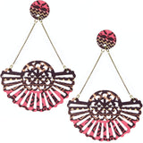 Brown Pink Boho Pattern Wooden Cutout Earrings