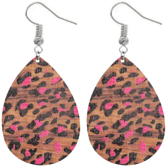 Pink Cheetah Print Wooden Teardrop Earrings
