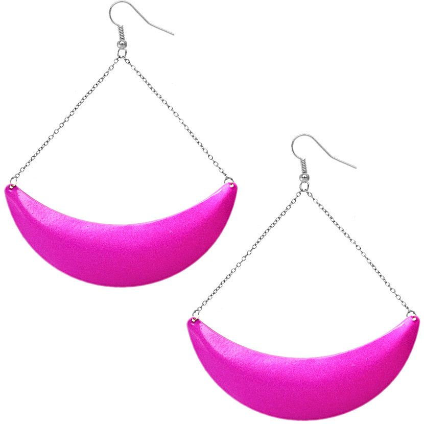 Pink Drop Chain Metal Crescent Earrings
