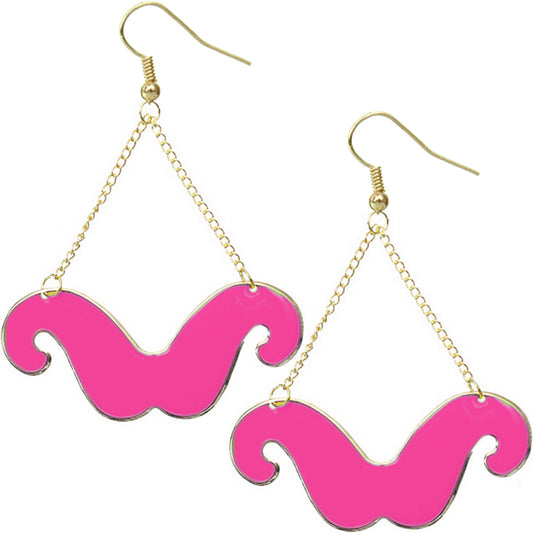 Pink Drop Chain Mustache Dangle Earrings