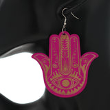 Pink Evil Eye Hamsa Hand Wooden Dangle Earrings