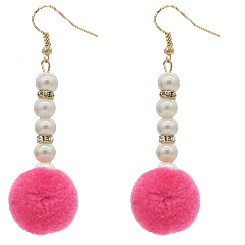 Pink CZ Faux Pearl Pom Pom Earrings