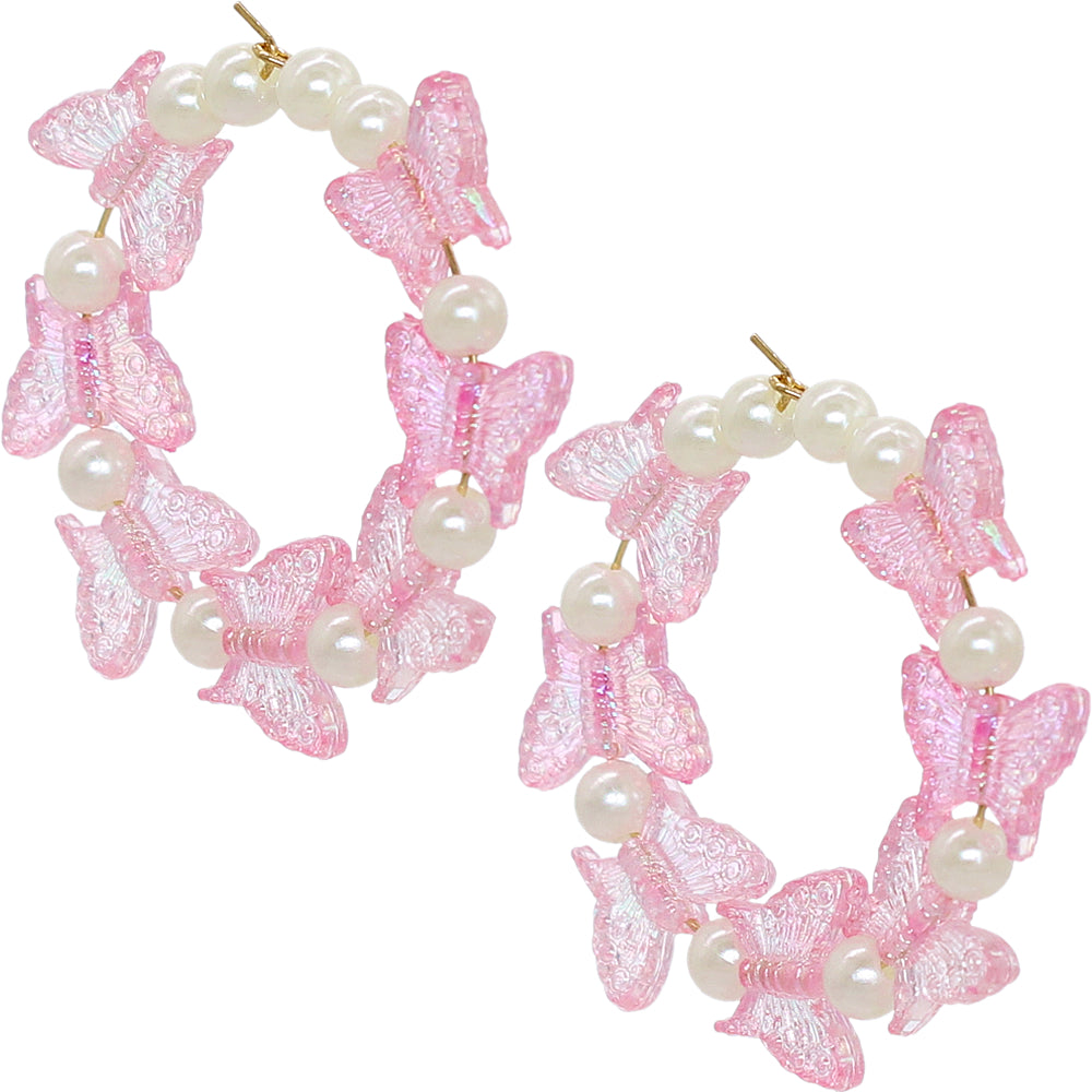 Pink Butterfly Faux Pearl Mini Hoop Earrings