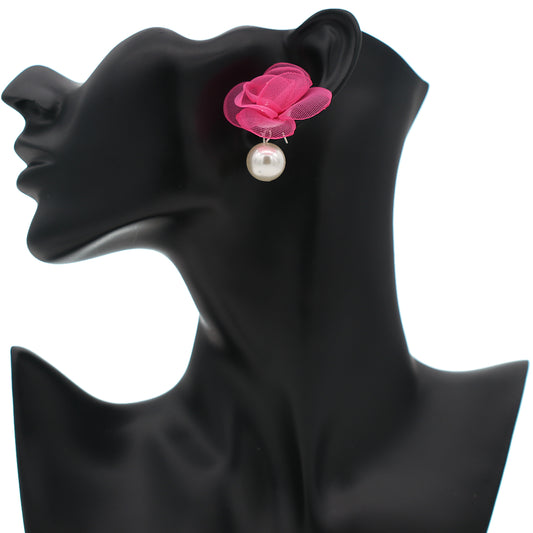 Pink Tulle Faux Pearl Stud Earrings