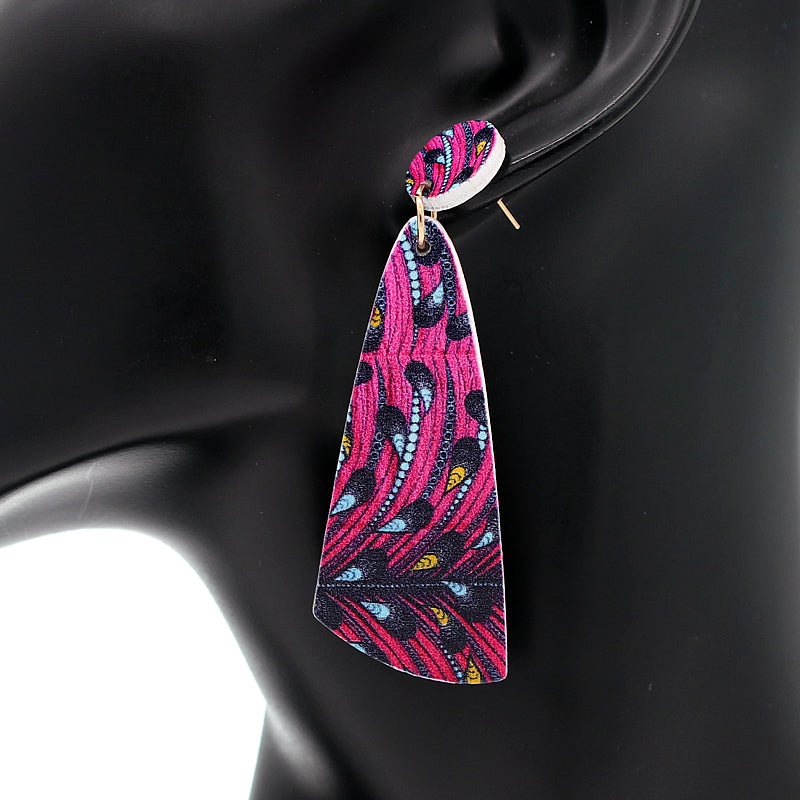 Pink Peacock Print Wooden Dangle Earrings